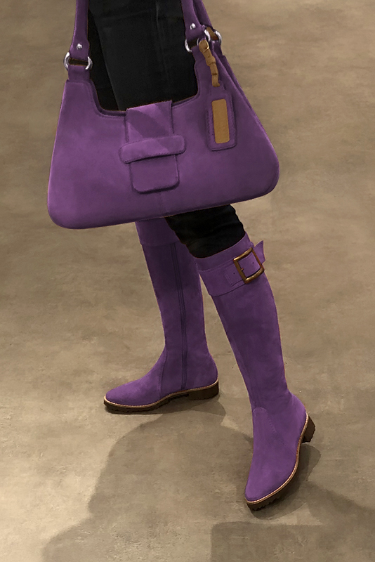 Amethyst purple women's riding knee-high boots. Round toe. Flat rubber soles. Made to measure. Worn view - Florence KOOIJMAN